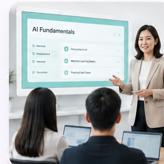 40대 동양인 여성 AI 전문 강사가 민트 컬러 화면으로 진행하는 교육